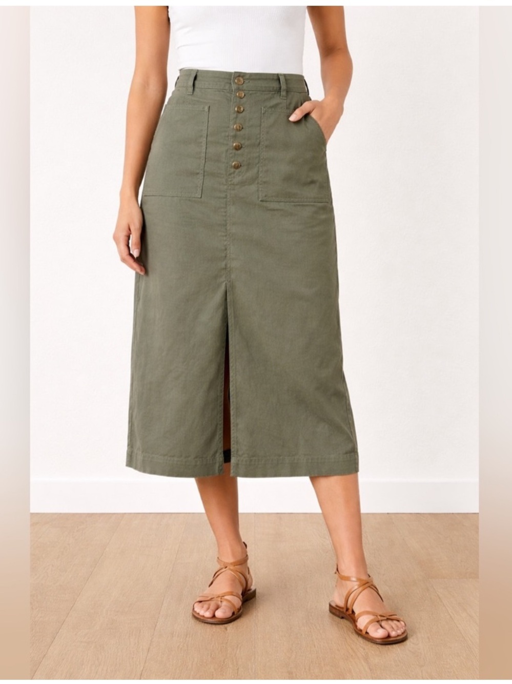 On 34th Olive Green Button Front Denim Midi Skirt Size 4